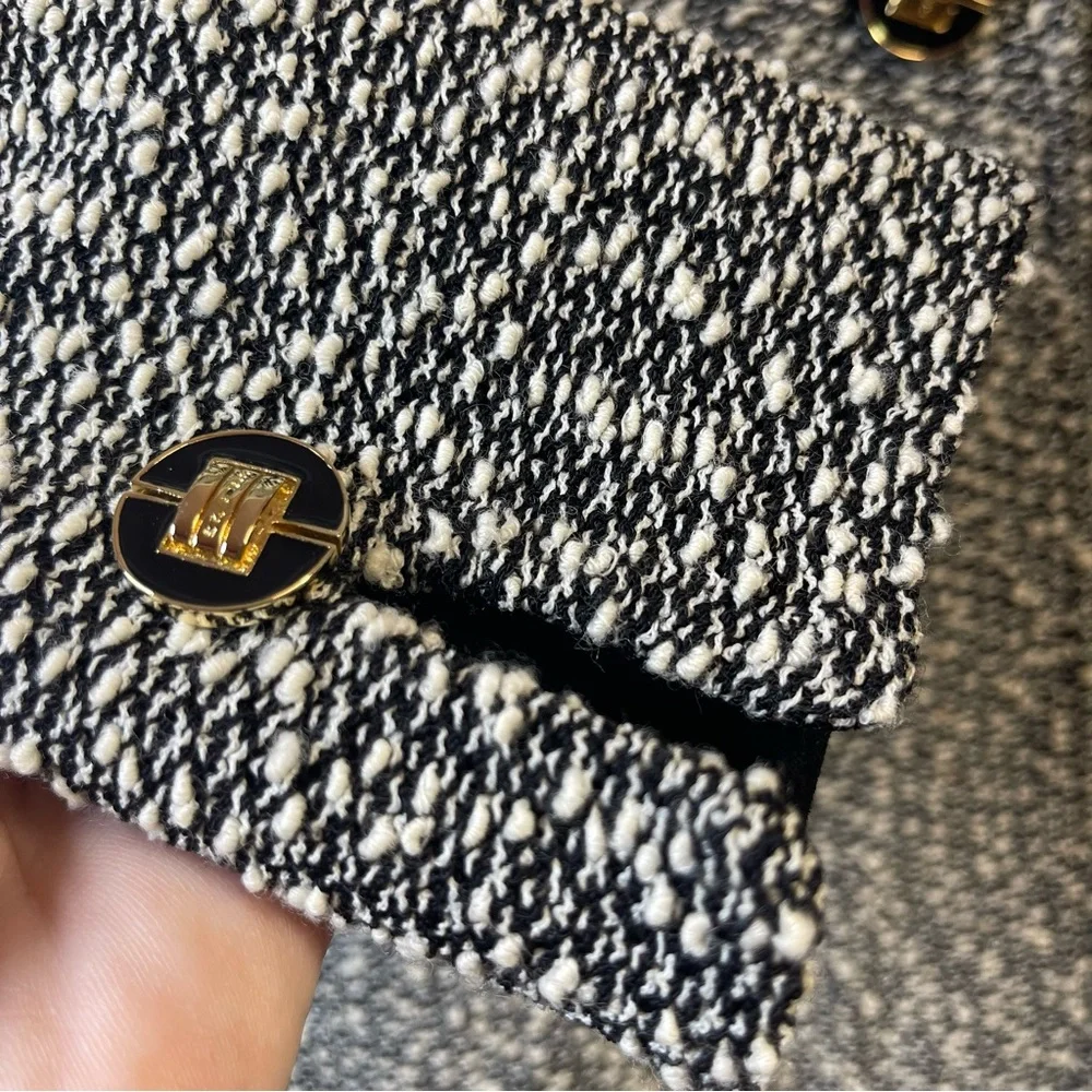 ST. JOHN Couture 2 Piece Tweed Texture Jacket + Mini Skirt Gold Button Suede C14